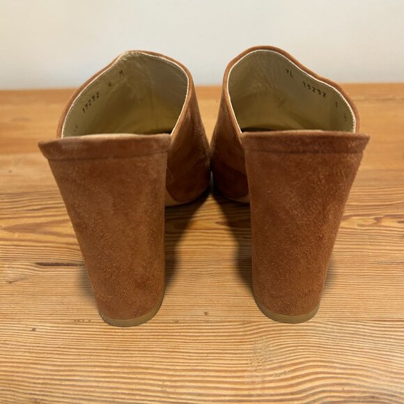 Stuart Weitzman Camel Suede Block Heel Mules | Leather Soles | Made in Spain - Picture 4 of 9